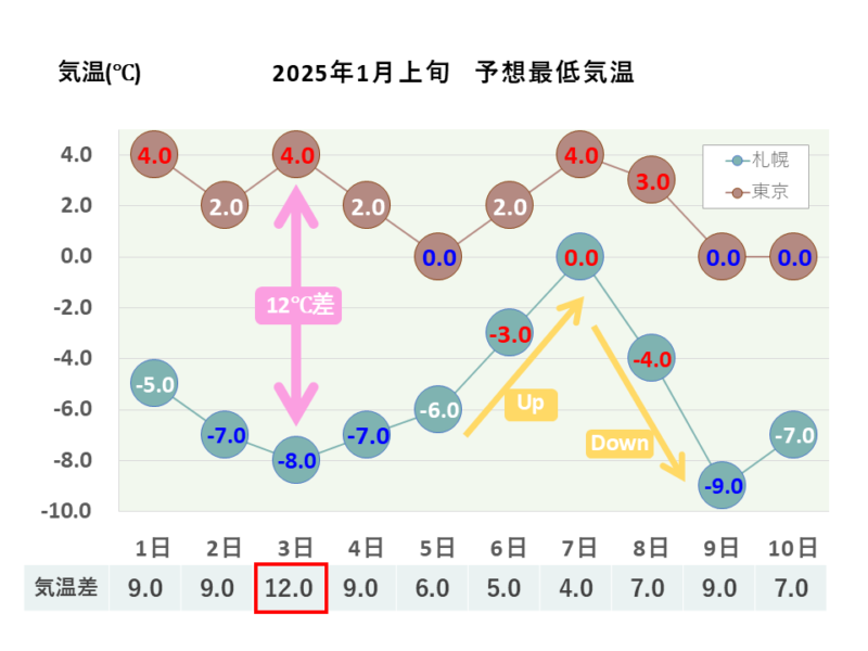 2025年1月上旬 最低気温 札幌・東京